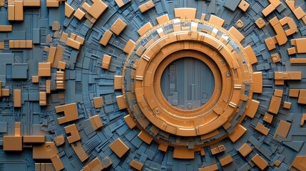 Intricate Detailed Metallic Pattern Abstract Sci Fi Futuristic Technology Background With Gold and Blue Geometric Shapes