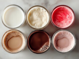 Assortment of colorful milk beverages in glass cups on marble surface, including chocolate, strawberry, and plain varieties.