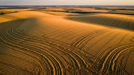Golden Wheat Field Landscape with Winding Tracks at Sunset