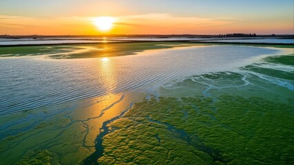 Tranquil Marshland at Colorful Sunset Reflecting on Water Surface