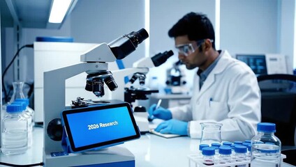 Medical research scientist working in laboratory with microscope and science equipment test tubes - Powered by Adobe