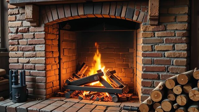 Burning fireplace with wooden logs and bright flames inside rustic brick hearth in warm cozy home setting