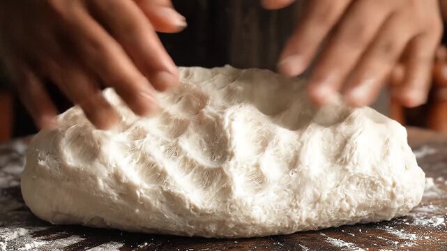 Hands kneading dough on a floured surface preparing homemade bread or pizza showcasing the process of baking with a rustic and artisanal touch perfect for culinary and foodrelated content. - Powered by Adobe