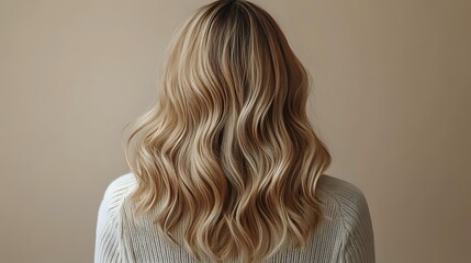 Fototapeta premium Back view of woman with blonde wavy hair, showing professional balayage highlights against neutral beige background, styled in loose beach waves.
