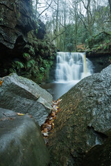 Long-exposure of a tranquil woodland waterfall on an autumn day. Moss and leaf covered rocks, soft flowing water, and rich forest textures create a peaceful natural landscape ideal for outdoor themes.