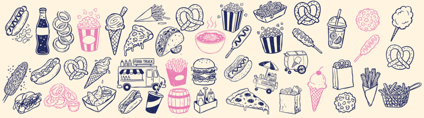 Hand drawn vector collection of fast food items including burgers, hot dogs, popcorn, and cotton candy in a whimsical kids doodle style perfect for menu designs and food themed decorations