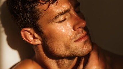 Profile of sweaty man with closed eyes in warm golden sunlight, showcasing facial features and glistening skin texture.