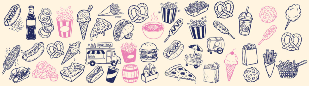 Fototapeta Hand drawn vector collection of fast food items including burgers, hot dogs, popcorn, and cotton candy in a whimsical kids doodle style perfect for menu designs and food themed decorations