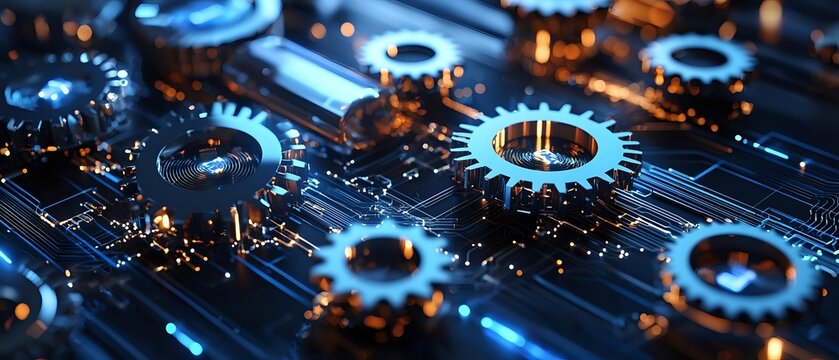 Futuristic digital gears and cogs on circuit board, representing technology integration and automated systems in modern engineering.