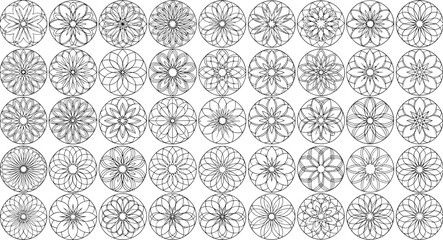 Large collection of circular geometric floral mandala patterns, black outline ornament set, isolated cad drawing flat vector illustration design
