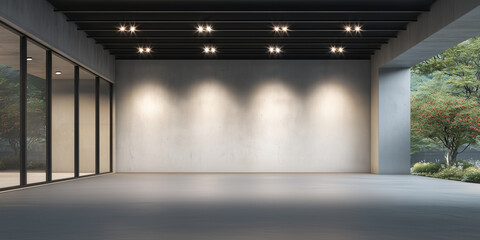 Modern empty exhibition hall featuring clean concrete floor and soft ceiling lighting. Sleek minimalist architectural space offers open, versatile area ideal for product display, automotive showcase.