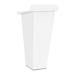 Speaker podium. White rostrum. Realistic 3d vector mock-up. Inclined tabletop blank table. Mockup. Slanted counter portable lectern stand. Template for design