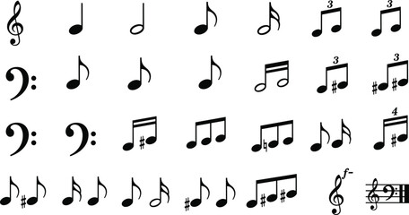 Musical notes set, black notation symbols collection, treble and bass clef, melody composition design elements, isolated on white, cad drawing flat vector illustration