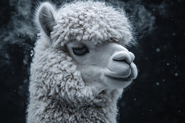 Naklejka premium Close-up portrait of a fluffy white alpaca with a dark moody background and atmospheric mist.