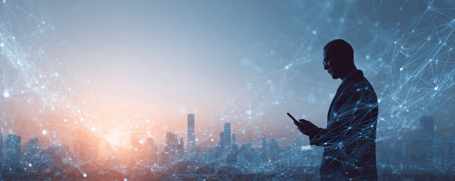 Big data, digital technology, internet network connection, futristic technology background. Man using mibile phobe and laptop and smart city