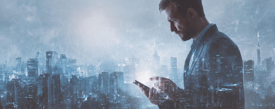 Big data, digital technology, internet network connection, futristic technology background. Man using mibile phobe and laptop and smart city