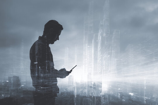 Big data, digital technology, internet network connection, futristic technology background. Man using mibile phobe and laptop and smart city - Powered by Adobe