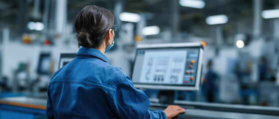 Focused Worker in Blue Uniform Analyzing Data on Computer Screen