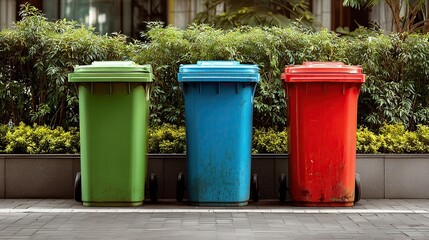 Three trash bins in green, blue, and red colors placed on a sidewalk next to lush green bushes. The scene emphasizes waste management and recycling.