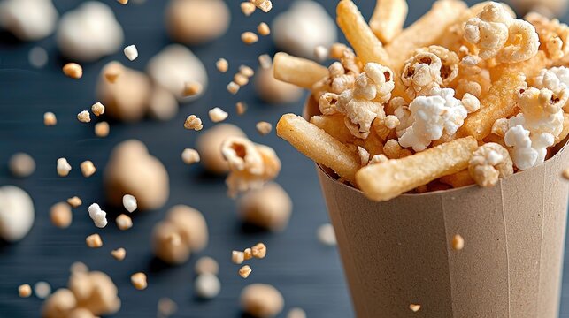 Close-up of a paper cone filled with french fries and popcorn, with scattered kernels on a dark blue surface. - Powered by Adobe