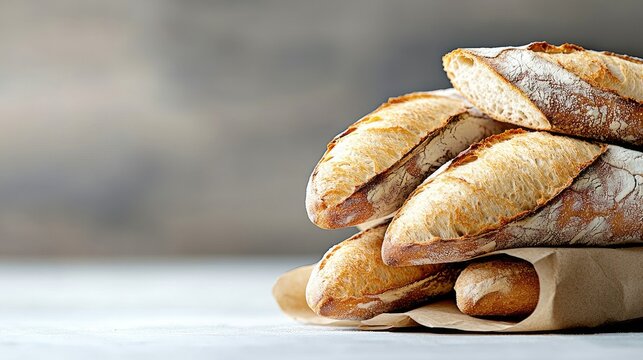 Close-up of a stack of fresh baguettes in a paper bag on a white table, with soft lighting and a blurred background. - Powered by Adobe