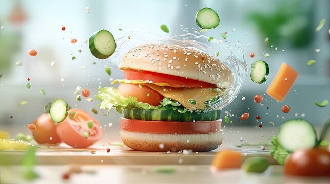 A delicious burger with fresh ingredients, with some ingredients floating around it, in a kitchen setting. - Powered by Adobe