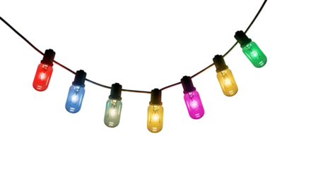 Colorful glowing capsule shaped string lights illuminating in the dark isolated on transparent background