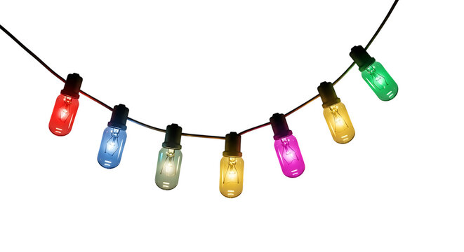Colorful glowing capsule shaped string lights illuminating in the dark isolated on transparent background