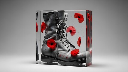 Conceptual art symbolizing remembrance and sacrifice, featuring a military combat boot and red poppies preserved in a clear block