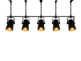 Five spotlights on a bar: modern industrial lighting fixture with adjustable black metal shades and warm light bulbs  (144 characters)