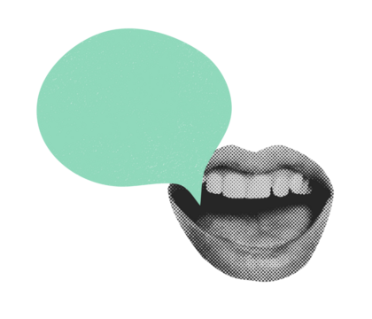 Halftone talking mouth with mint green speech bubble artwork. Pop art collage with strong contrast and minimal layout. Ideal for voice, humor, quotes, and dialogue themes.