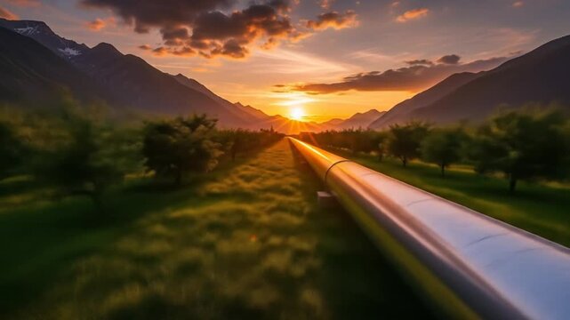 Glinting metal pipeline splits sunlit valley between mountains, green fields and orange sunset glow