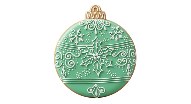Elegant green christmas ornament cookie with intricate white icing designs isolated on transparent background