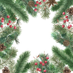 Watercolor winter frame. Christmas  border, decor. Hand drawn illustration