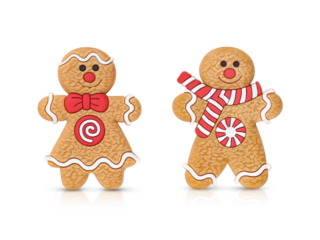  two funny gingerbread men with red decor, highlighted on a transparent background