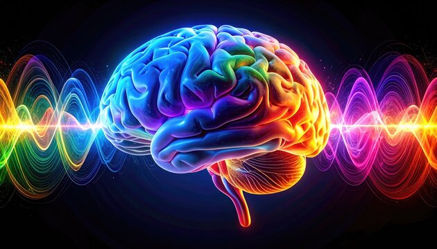A vibrant, artistic illustration of the human brain with waves of color, representing activity and thought. The brain is the focal point, with a spectrum of hues radiating outward
