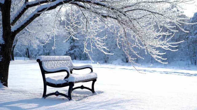 Snowy park bench beneath winter tree branches in outdoor scene