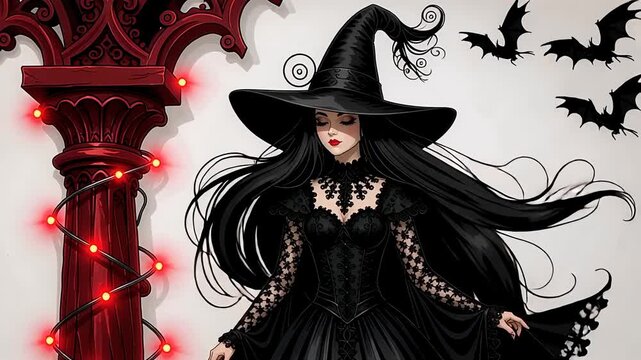 Elegant witch in black dress and hat standing near a gothic column with red lights vector illustration for Halloween themed designs