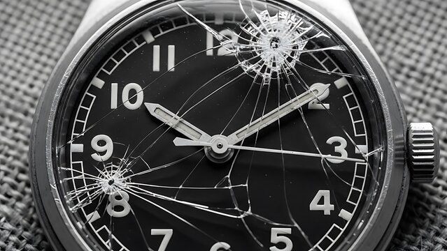 A detailed monochrome shot capturing a vintage-style wristwatch with a dramatically shattered glass face, reflecting the fragility of time and the impact of unforeseen circumstances