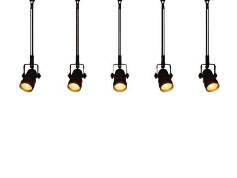 Five vintage spotlights illuminate a stage on black: retro theatrical lighting design for performances and events - [144 characters]