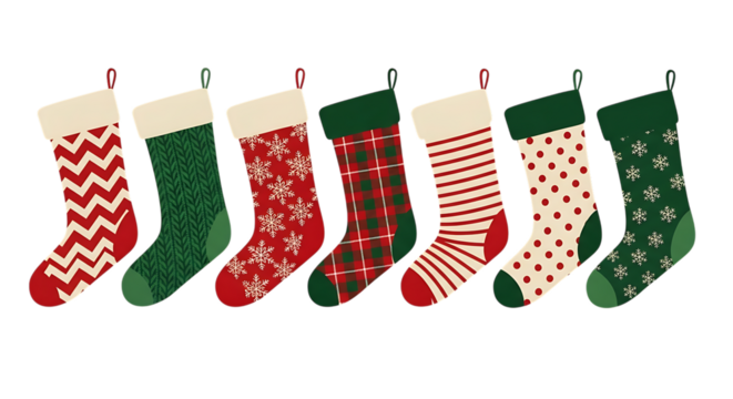 Row of festive christmas stockings with various patterns isolated on transparent background - Powered by Adobe
