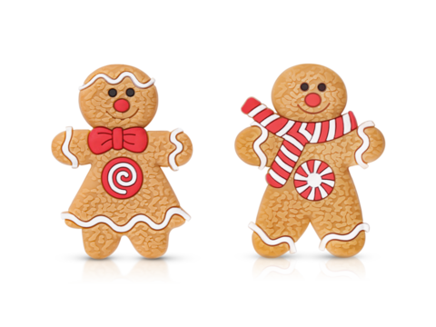  two funny gingerbread men with red decor, highlighted on a transparent background