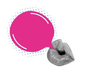 Creative halftone lips with comic hot pink communication bubble element, contrast pop art element for chat, humor, and message