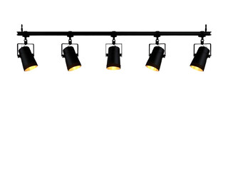 Fototapeta premium Five black metal track lights illuminate a stage or studio, providing focused lighting and spotlighting for events and performances. (144)