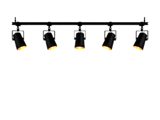 Five black metal track lights illuminate a stage or studio, providing focused lighting and spotlighting for events and performances. (144)