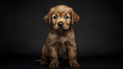 Adorable golden retriever puppy with expressive eyes sitting against dark background, perfect for pet adoption campaigns and animal companionship themes.