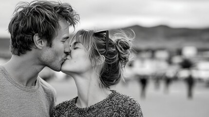 A heartfelt moment captured as a couple shares a kiss, surrounded by blurred figures in the background, encapsulating love and intimacy during an outdoor gathering.