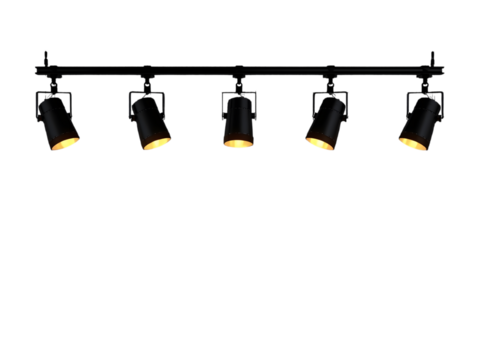 Five black metal track lights illuminate a stage or studio, providing focused lighting and spotlighting for events and performances. (144)