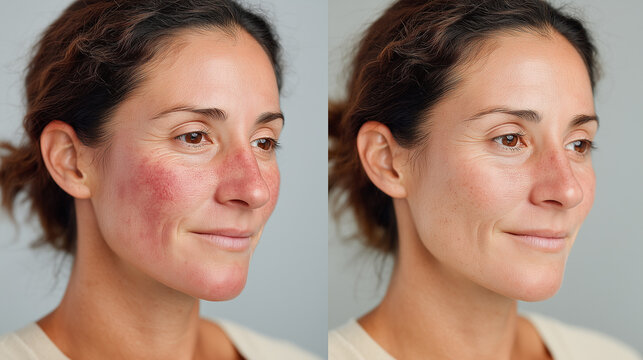 Side by side comparison of mature female face showing skin redness rosacea and healthy complexion after medical treatment.