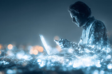 Big data, digital technology, internet network connection, futristic technology background. Man using mibile phobe and laptop and smart city